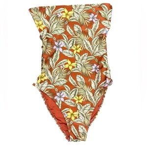 Aeropostale Tropical Floral One Piece Swimsuit Rust Yellow Side Cut Out Small